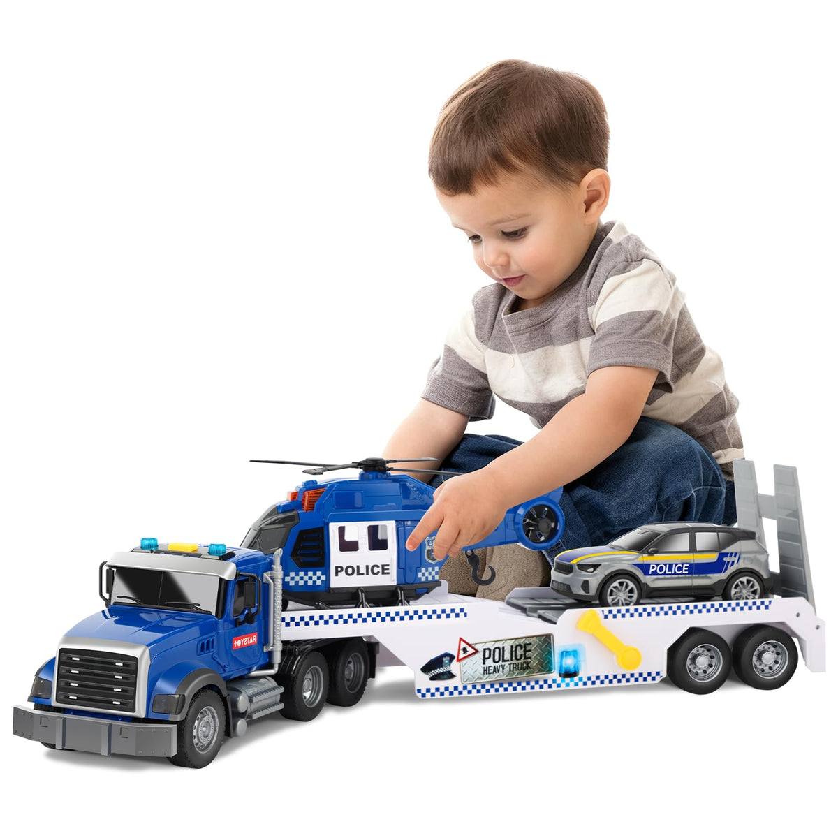 UFLJPKS Police semi-trailer truck with car and helicopter boosts imaginative play.
