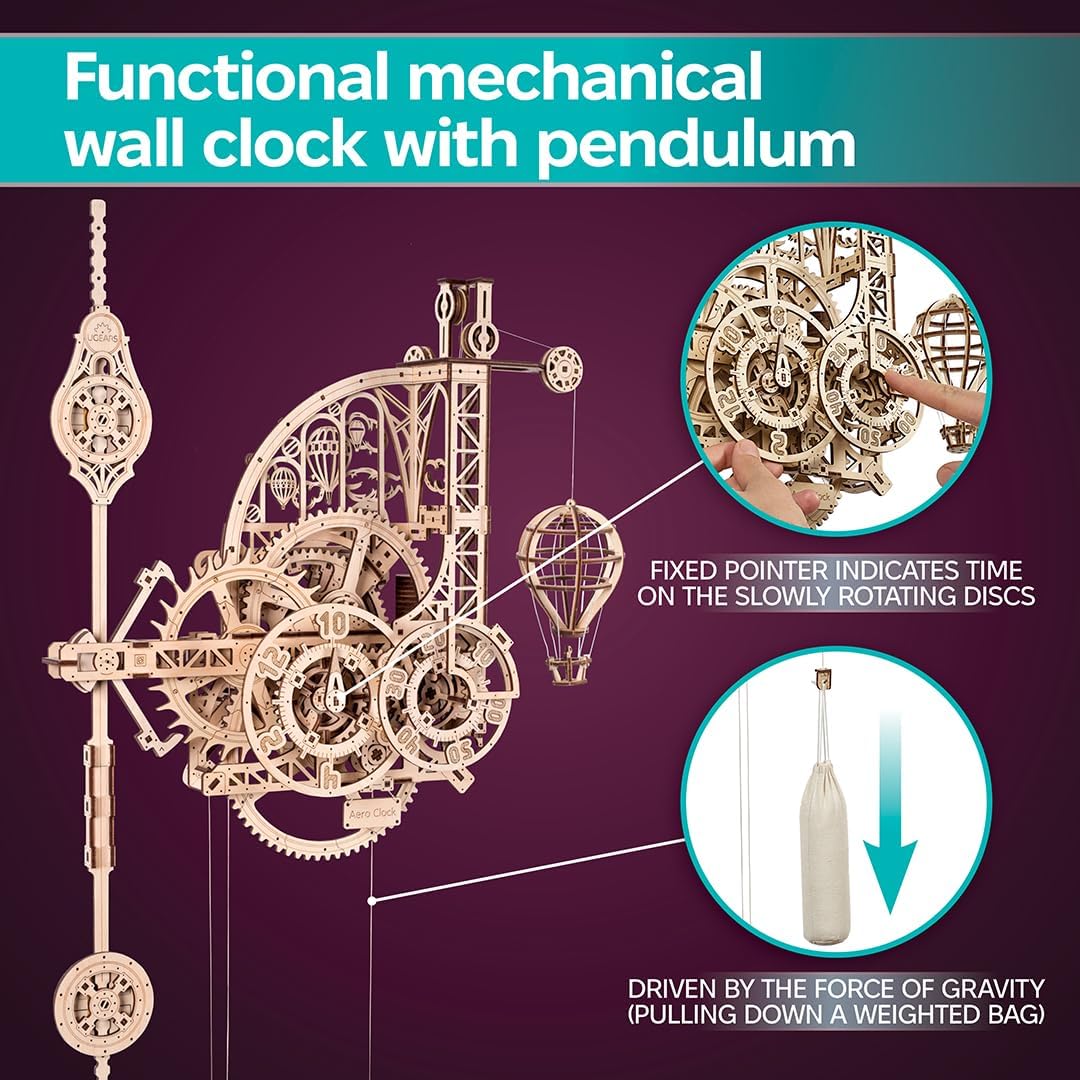 UGEARS Aero Clock detailed parts highlight the multi-piece build experience