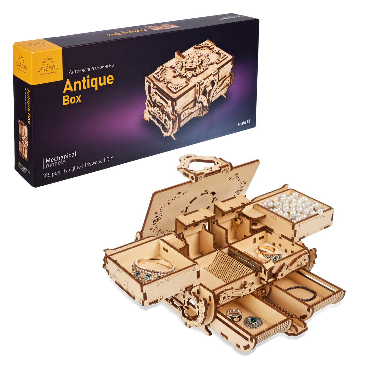 UGEARS Antique Box assembly-pieces shows precise joints for a satisfying build.