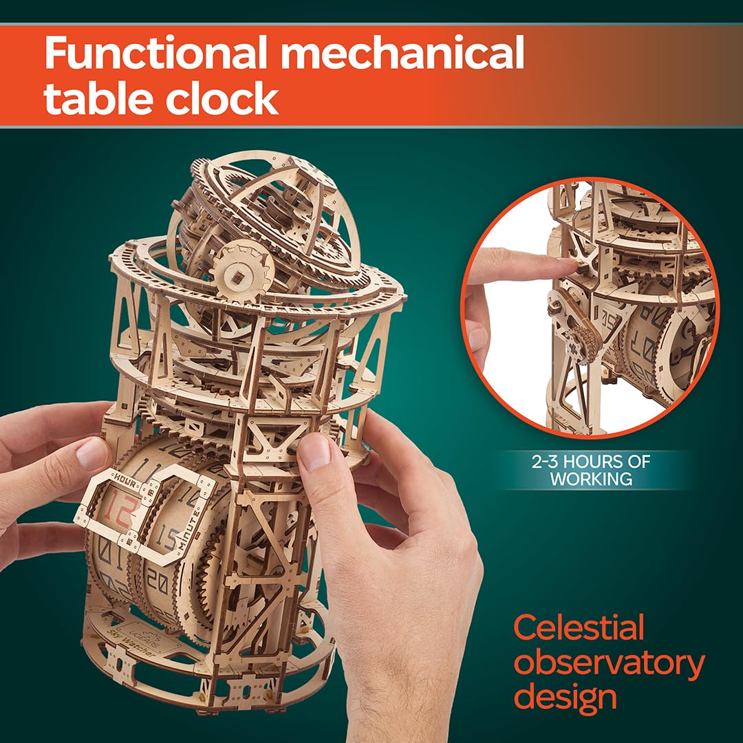 UGEARS Astronomer table clock assembly steps guide beginners toward satisfying hands-on building