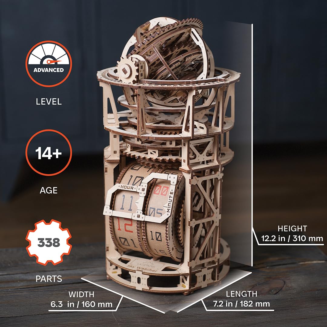 UGEARS Astronomer table clock parts layout shows glue-free assembly and snap-fit design