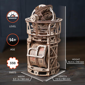 UGEARS Astronomer table clock parts layout shows glue-free assembly and snap-fit design