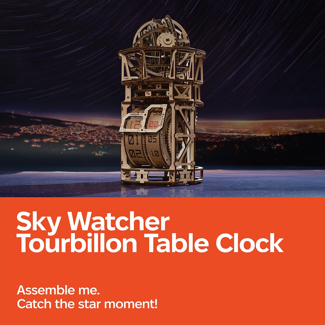UGEARS Astronomer table clock tourbillon closeup highlights precision craft for puzzle lovers