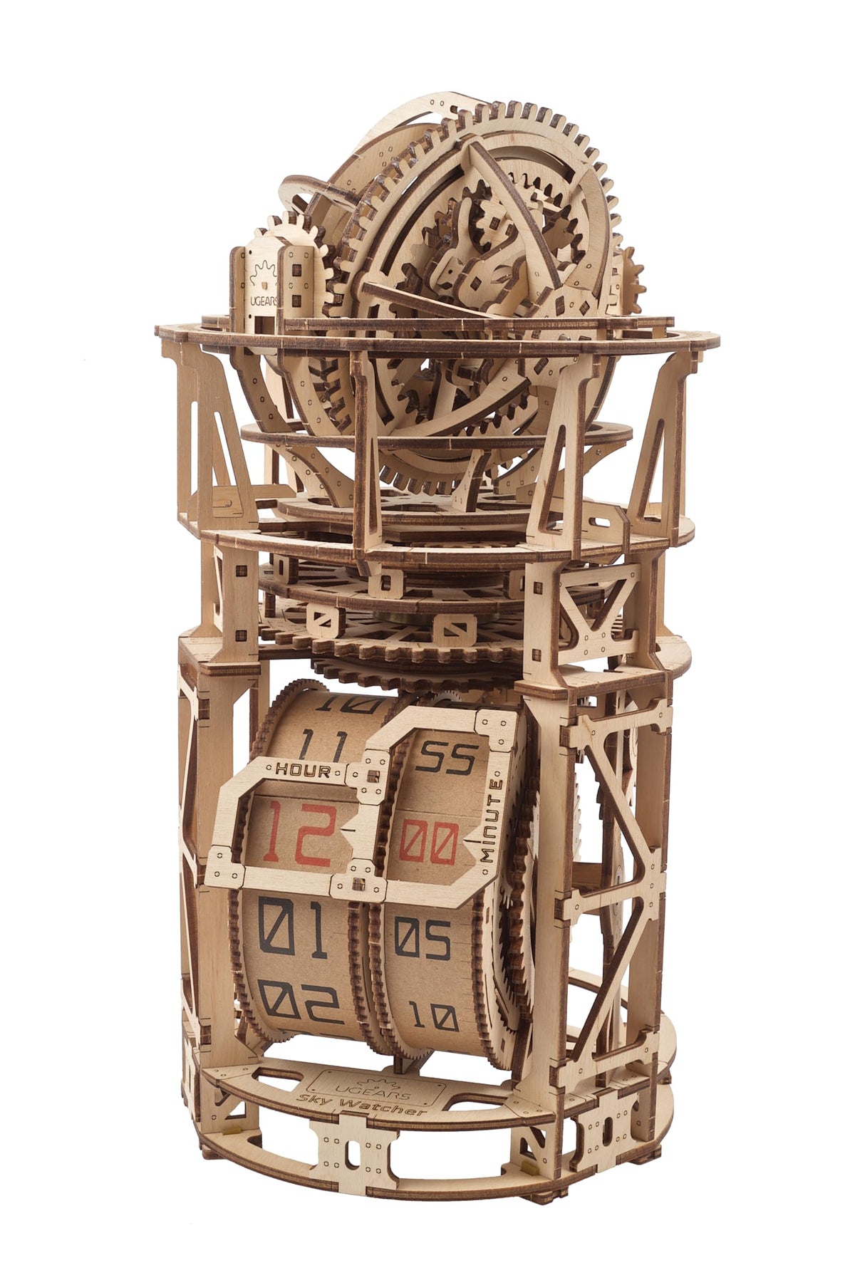 UGEARS Astronomer table clock front view reveals intricate tourbillon motion for desk decor