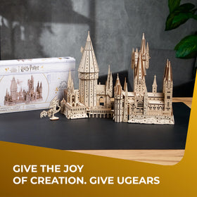 UGEARS Hogwarts Castle wax-sanding step smooths final surface for refined look