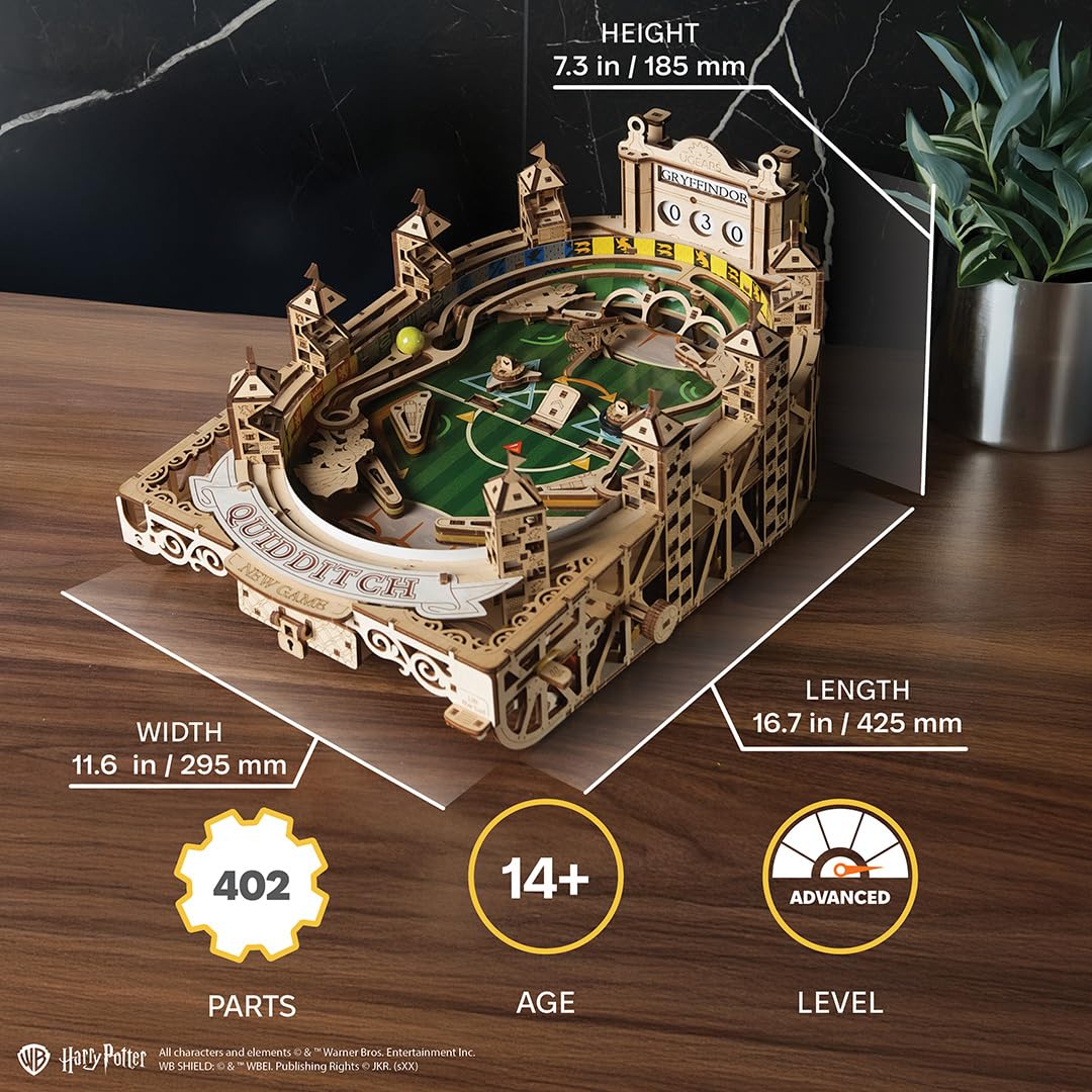 UGEARS Harry Potter Quidditch Pinball side view, reveals mechanical craftsmanship and engaging build