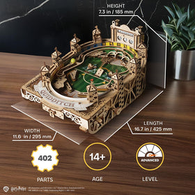 UGEARS Harry Potter Quidditch Pinball side view, reveals mechanical craftsmanship and engaging build