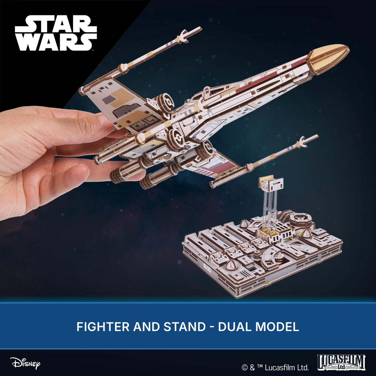 UGEARS Luke Skywalker X‑Wing uses precision-cut wooden parts that fit without glue or tools.
