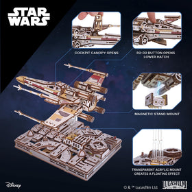 UGEARS Luke Skywalker X‑Wing laser cannons add authentic detail and realism.