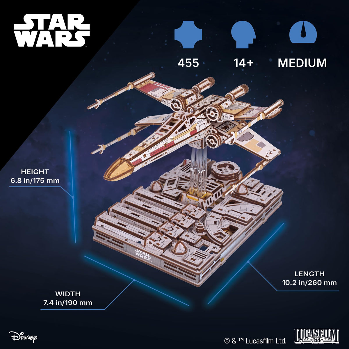 UGEARS Luke Skywalker X‑Wing wings transform into attack position, showcasing motion.