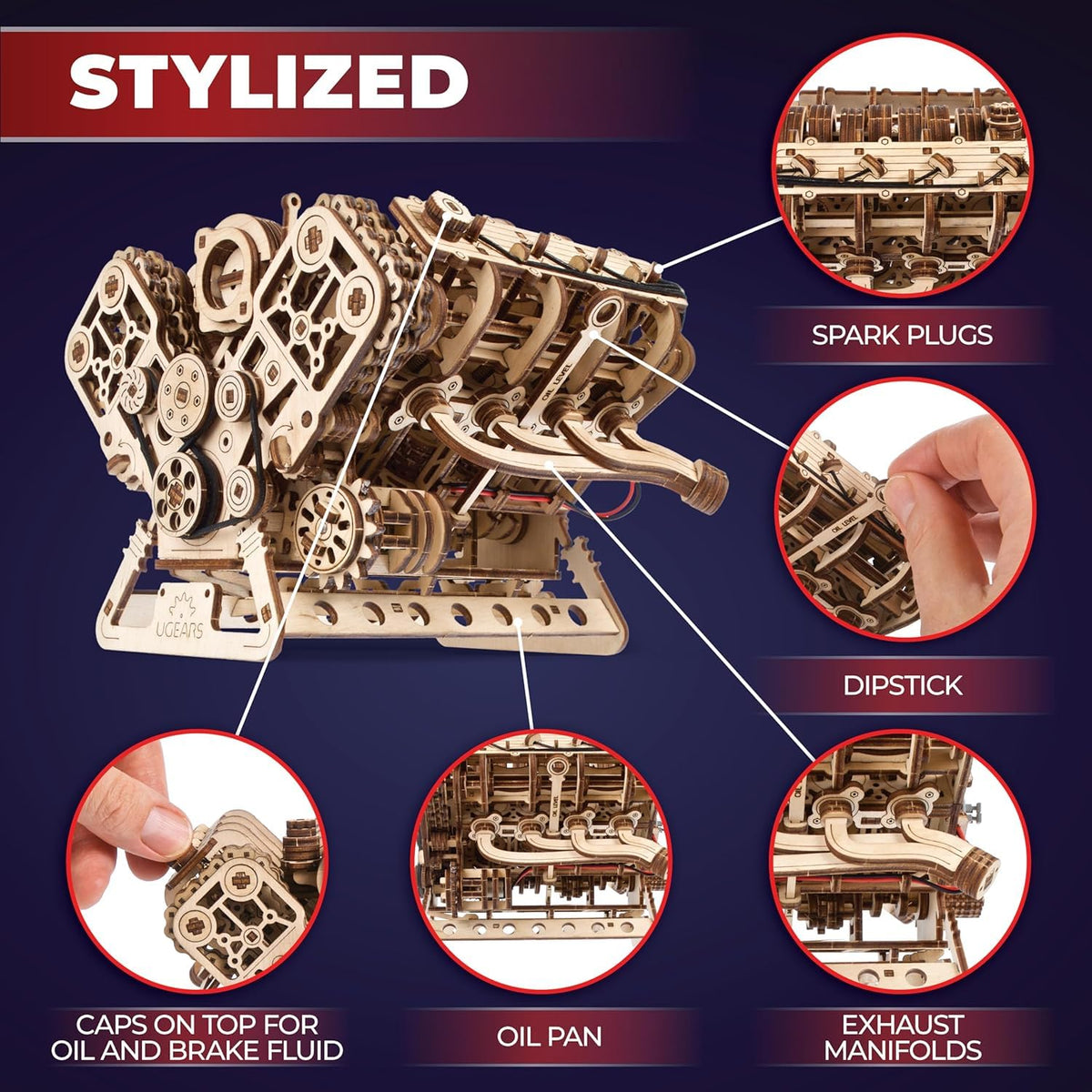 UGEARS V8 Engine Model Kit 16 valves demonstrate precise synchronization in motion.