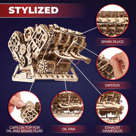 UGEARS V8 Engine Model Kit 16 valves demonstrate precise synchronization in motion.