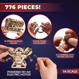 UGEARS V8 Engine Model Kit eight cylinders illustrate realistic engine architecture for hobbyists.