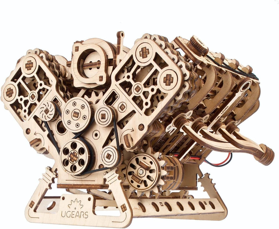 UGEARS V8 Engine Model Kit front view showcases authentic eight-cylinder layout for enthusiasts.