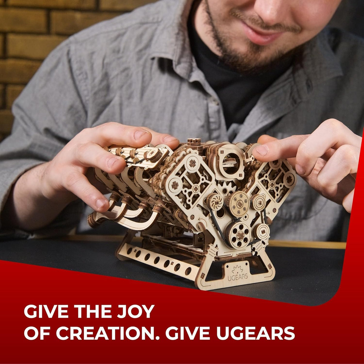 UGEARS V8 Engine Model Kit sandpaper and wax ensure easy fitting and smoother performance.