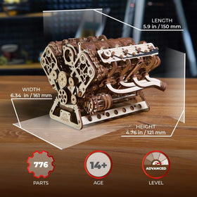 UGEARS V8 Engine Model Kit side view highlights compact scale for focused mechanical study.