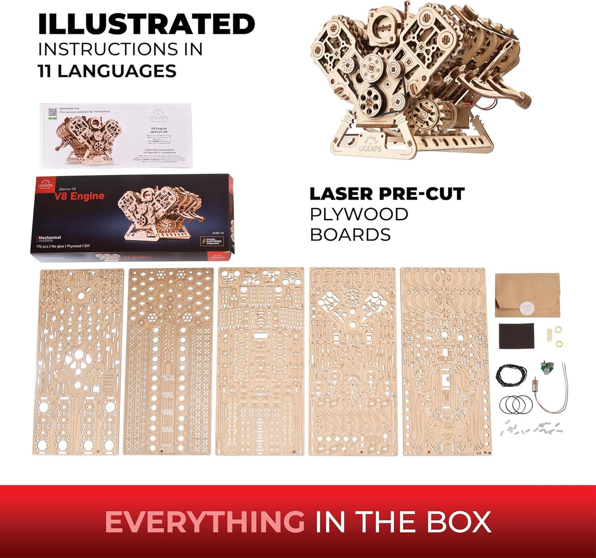 UGEARS V8 Engine Model Kit USB-C motor enables dynamic operation for demos.