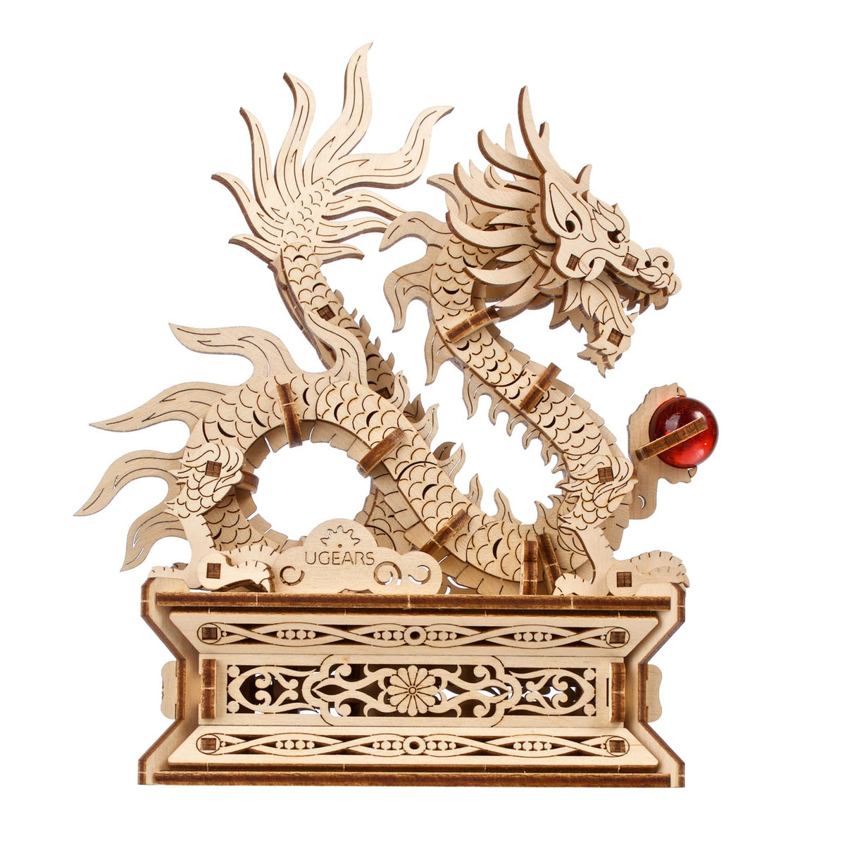 UGEARS Wood Dragon 3D Puzzle during assembly showing intricate joints for adult brain teasers.