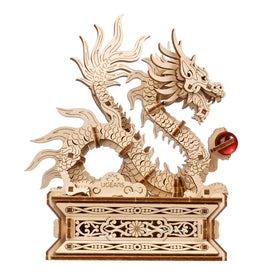 UGEARS Wood Dragon 3D Puzzle during assembly showing intricate joints for adult brain teasers.