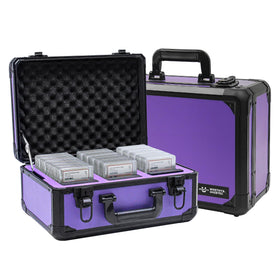 UHZBTEC graded card storage box front view showing purple aluminum frame
