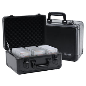 UHZBTEC graded card storage box front view with durable aluminum frame.