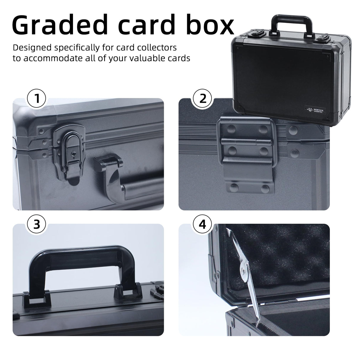 Three removable foam stop blocks enable adjustable storage for different card sizes.