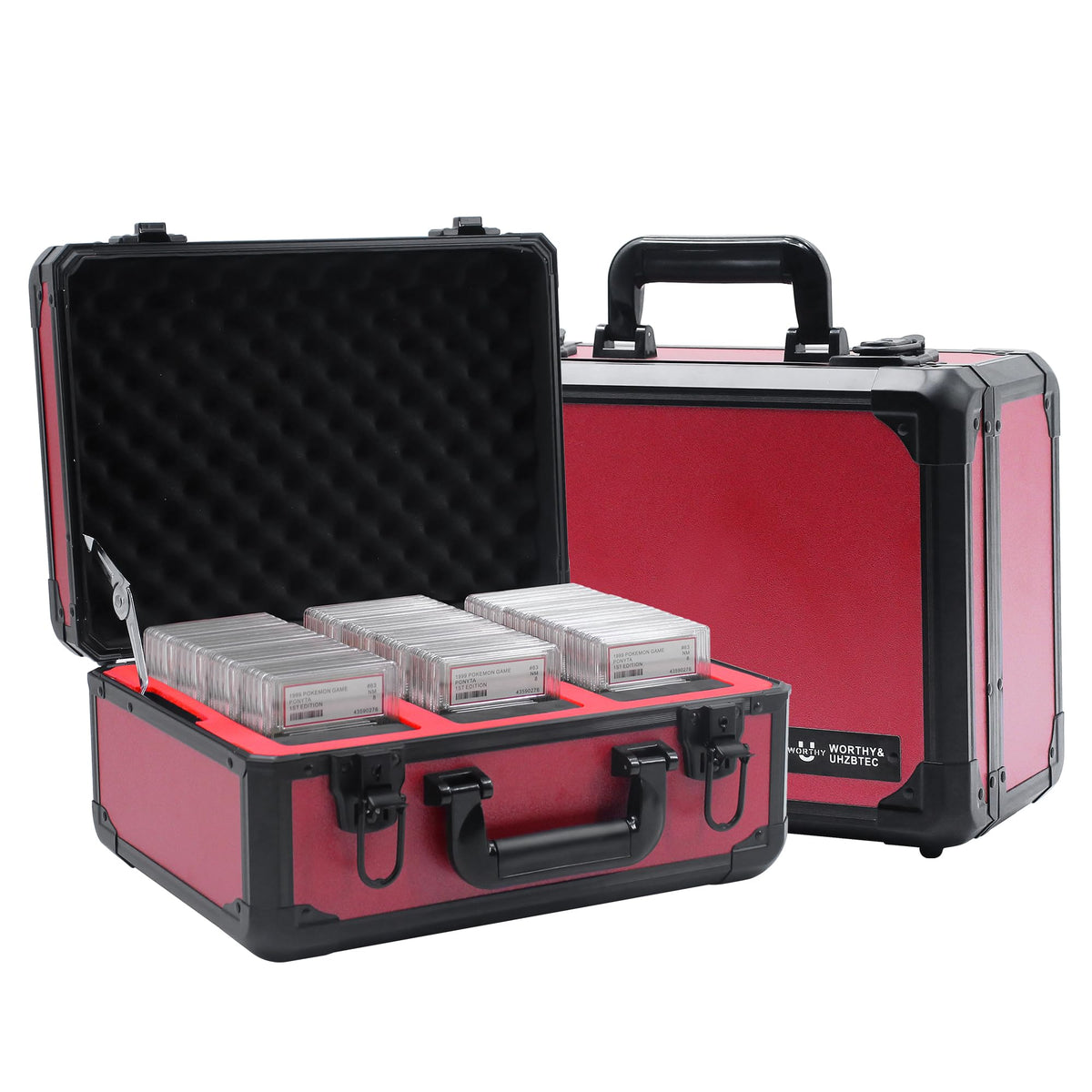 UHZBTEC graded card storage box red, front view for secure display and transport.