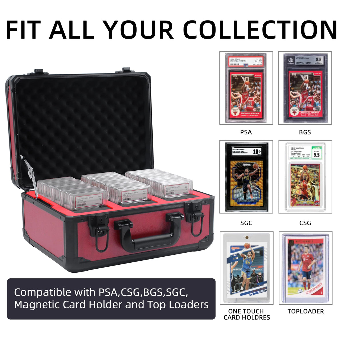 UHZBTEC red storage box with open lid showing interior card slots for 70–80 graded cards.
