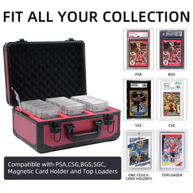 UHZBTEC red storage box with open lid showing interior card slots for 70–80 graded cards.