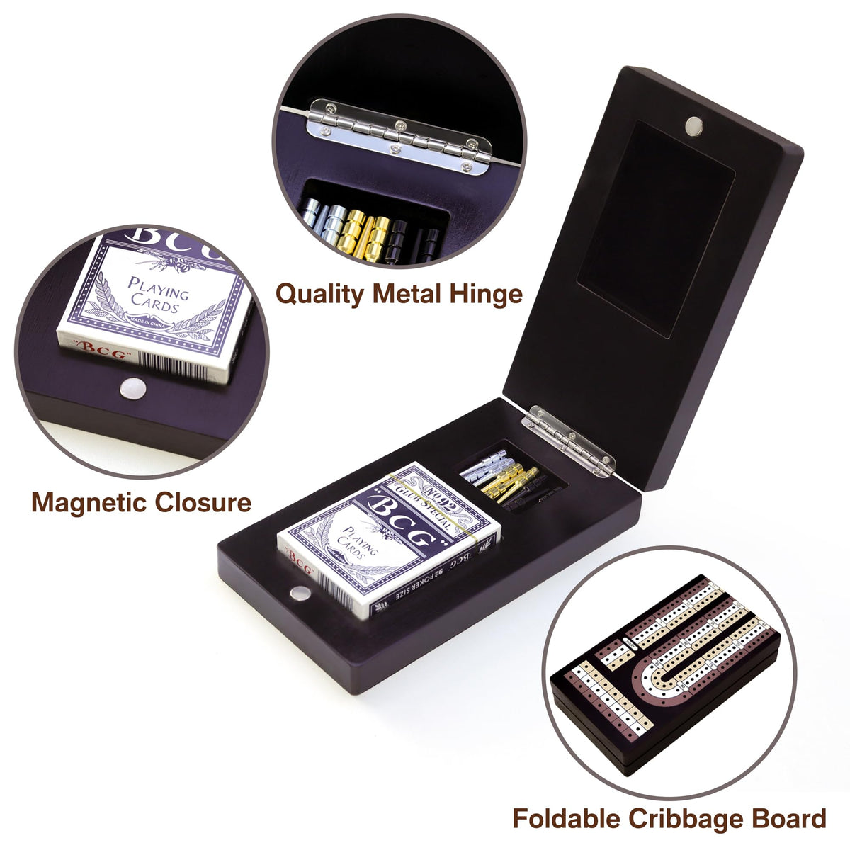 Nine metal pegs in chrome, brass, and black support reliable scorekeeping.