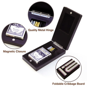 Nine metal pegs in chrome, brass, and black support reliable scorekeeping.