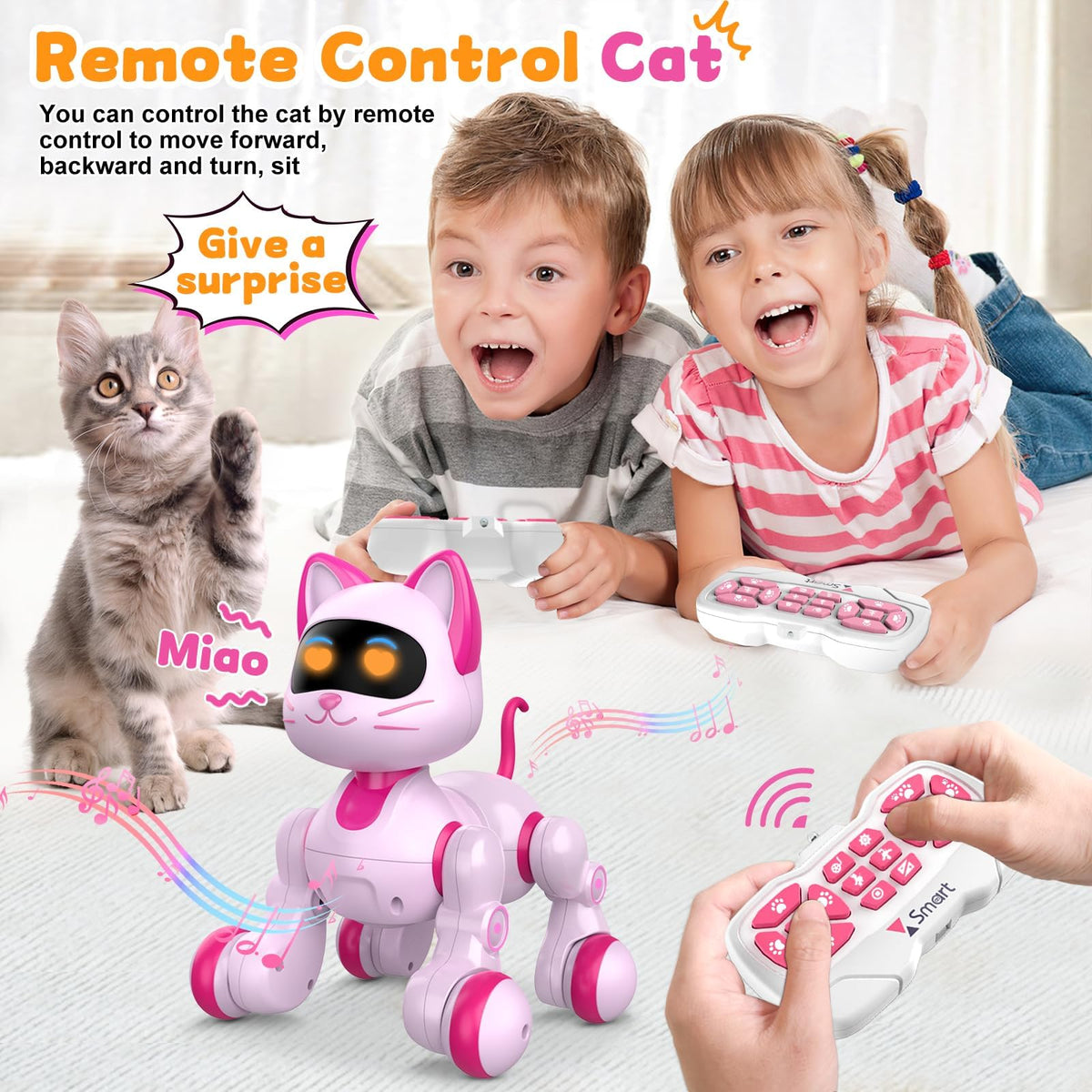 Uiopy robot-cat head touch response activates sit/stand and meow actions