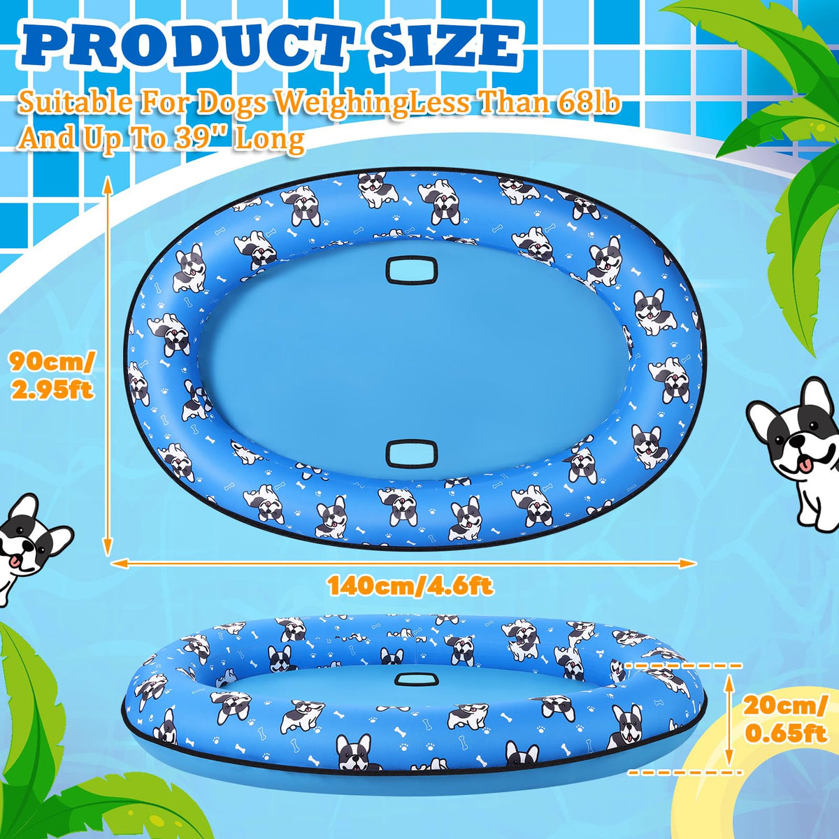 UJG 55x35 dog pool float side view highlights spacious lay-down area for pets.