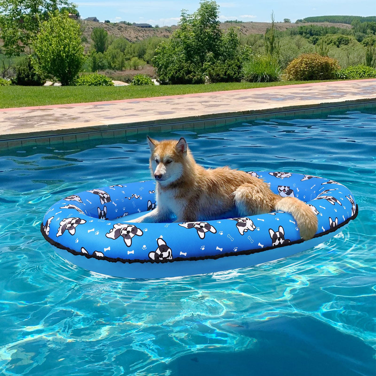 UJG 55x35 dog float in water usage shows easy cooling and balance.