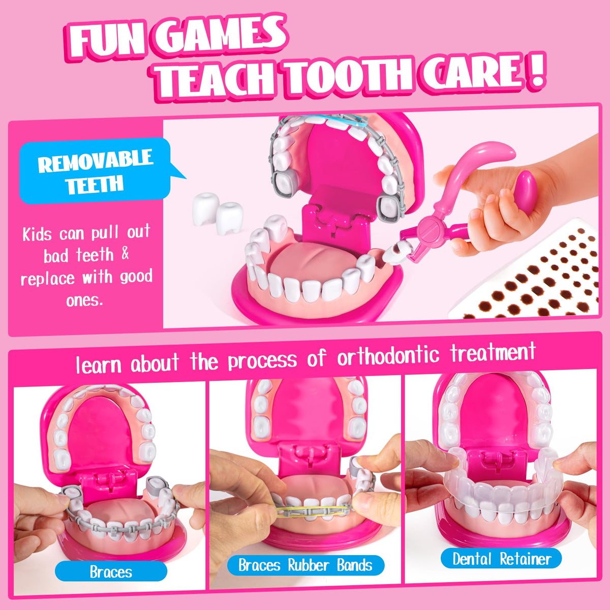ULOveme Dental Tools Set Pink with Vibrating Drill and toothbrush for interactive pretend play
