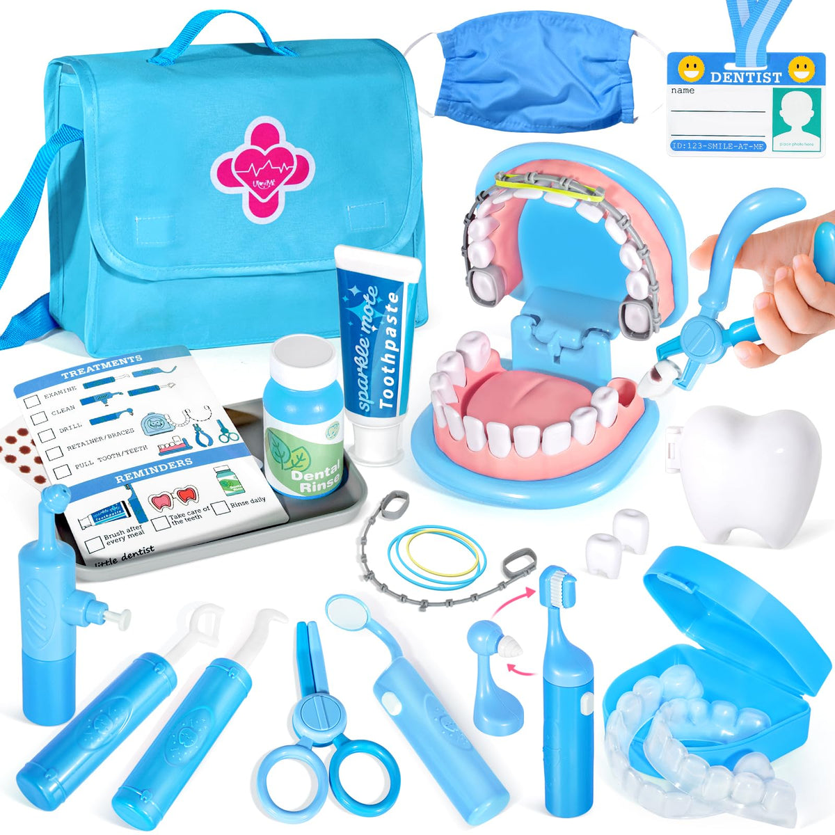 ULOVEME dentist playset blue teeth model demonstrates oversized teeth for learning dental care.