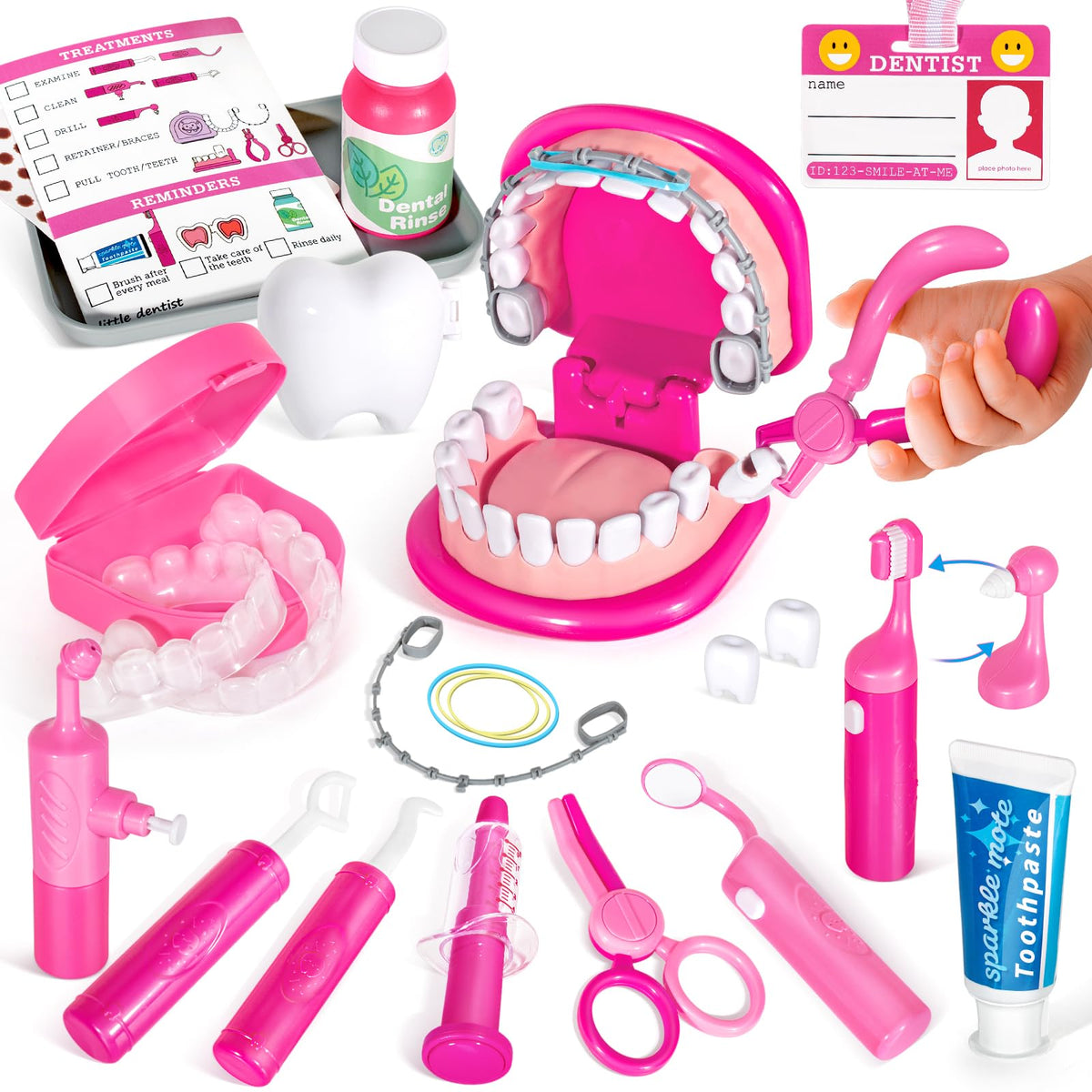 ULOveme Kids Dentist Play Set Pink with Braces demonstrating braces on a tooth model for imaginative care