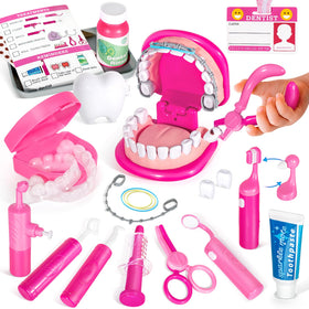 ULOveme Kids Dentist Play Set Pink with Braces demonstrating braces on a tooth model for imaginative care