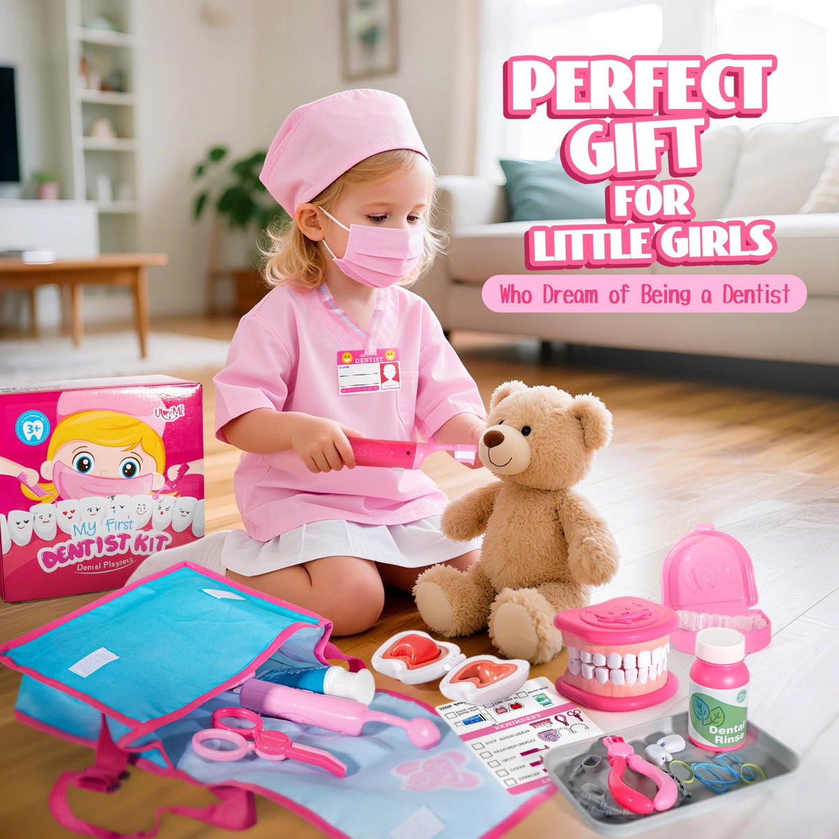 ULOVEME pink kit features cavity stickers to simulate fillings.