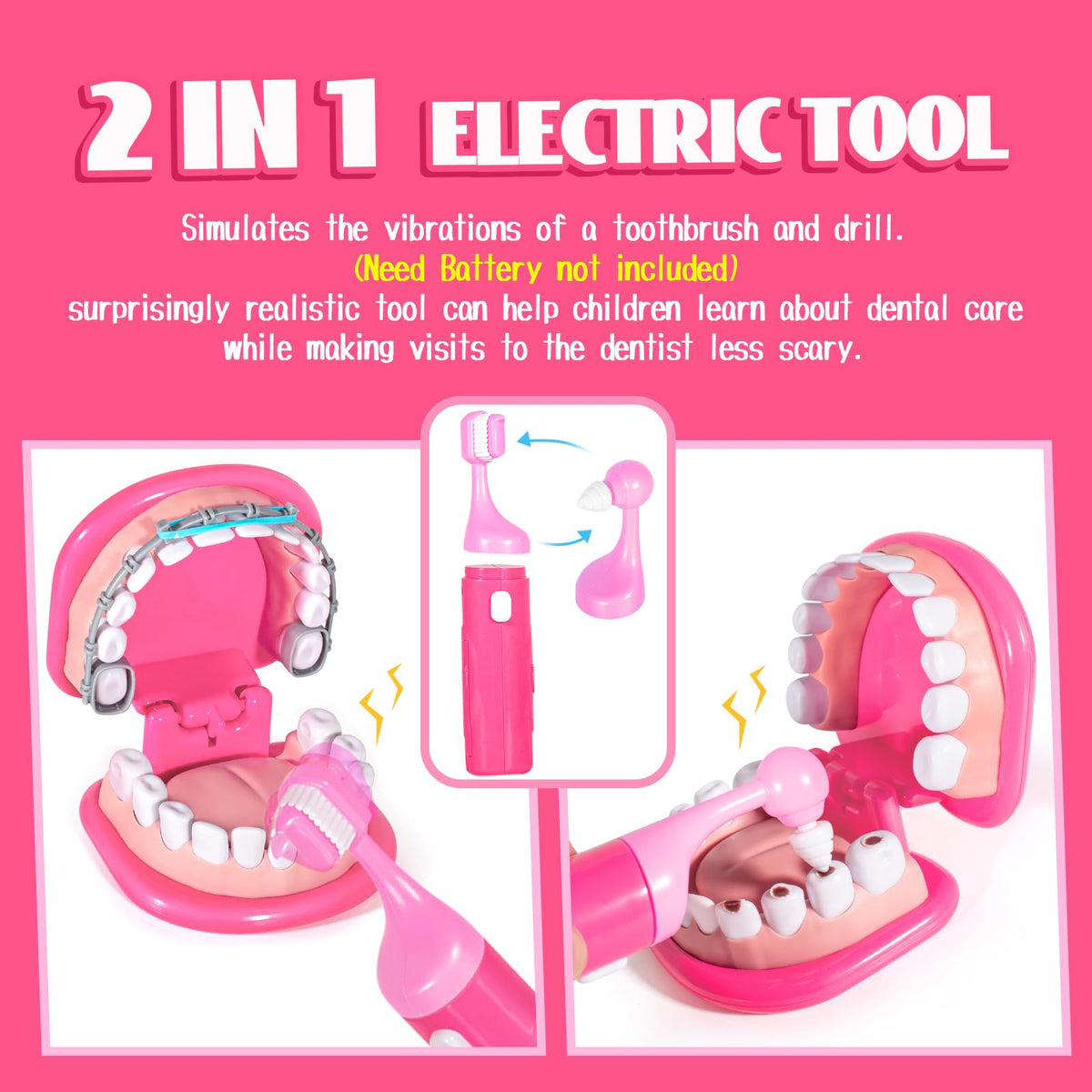 ULOVEME pink kit with light-up mirror enhances pretend dental visits.