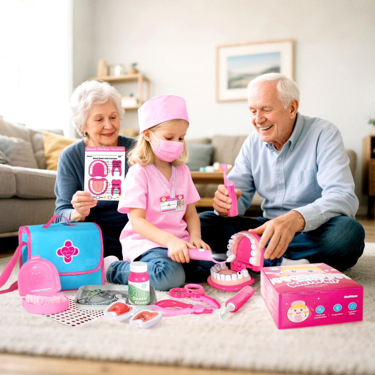 ULOVEME pink dentist tools with removable teeth and braces for imaginative play.