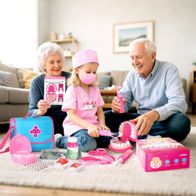 ULOVEME pink dentist tools with removable teeth and braces for imaginative play.