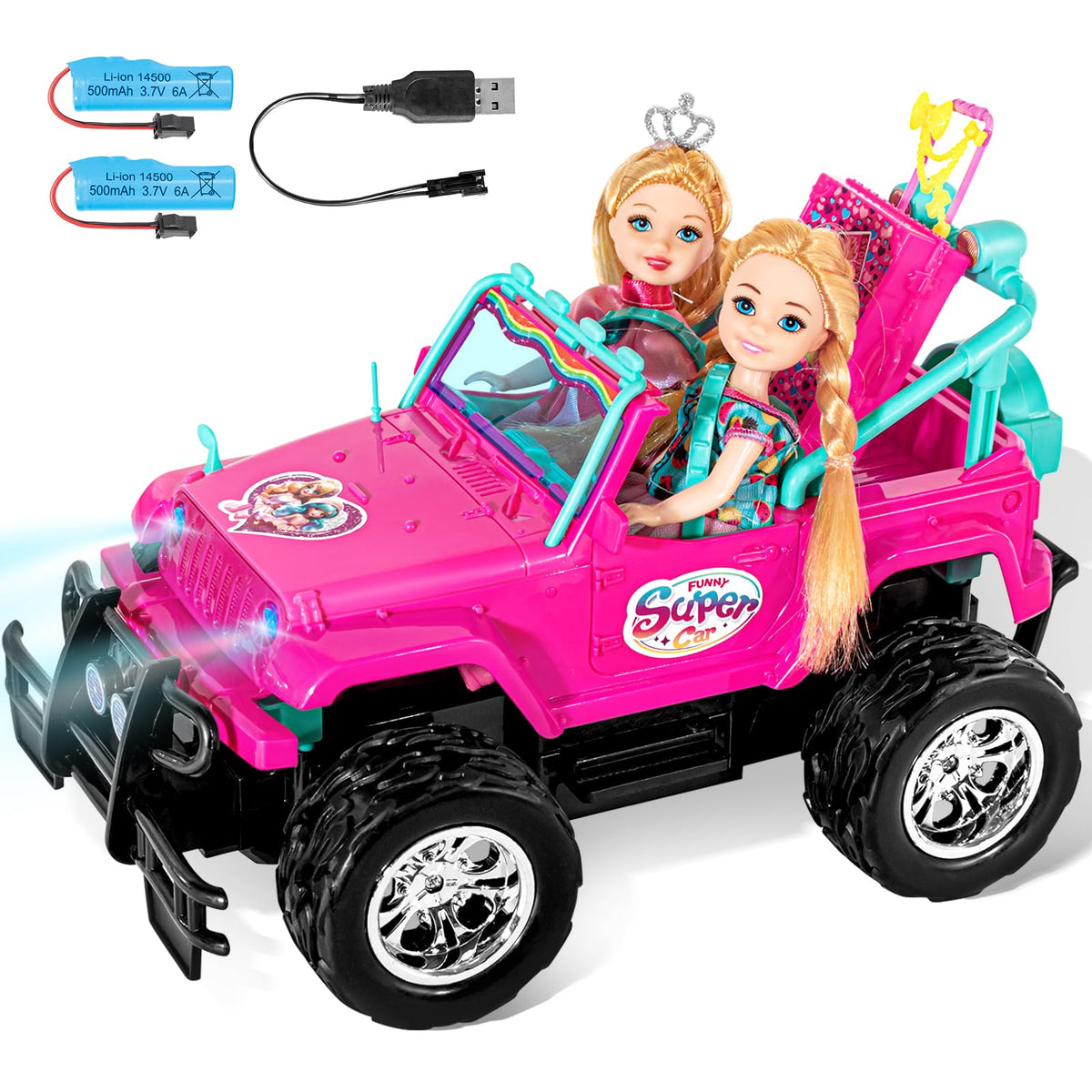 ULOVEME Purple Jeep RC Car with two-doll seat for imaginative play.