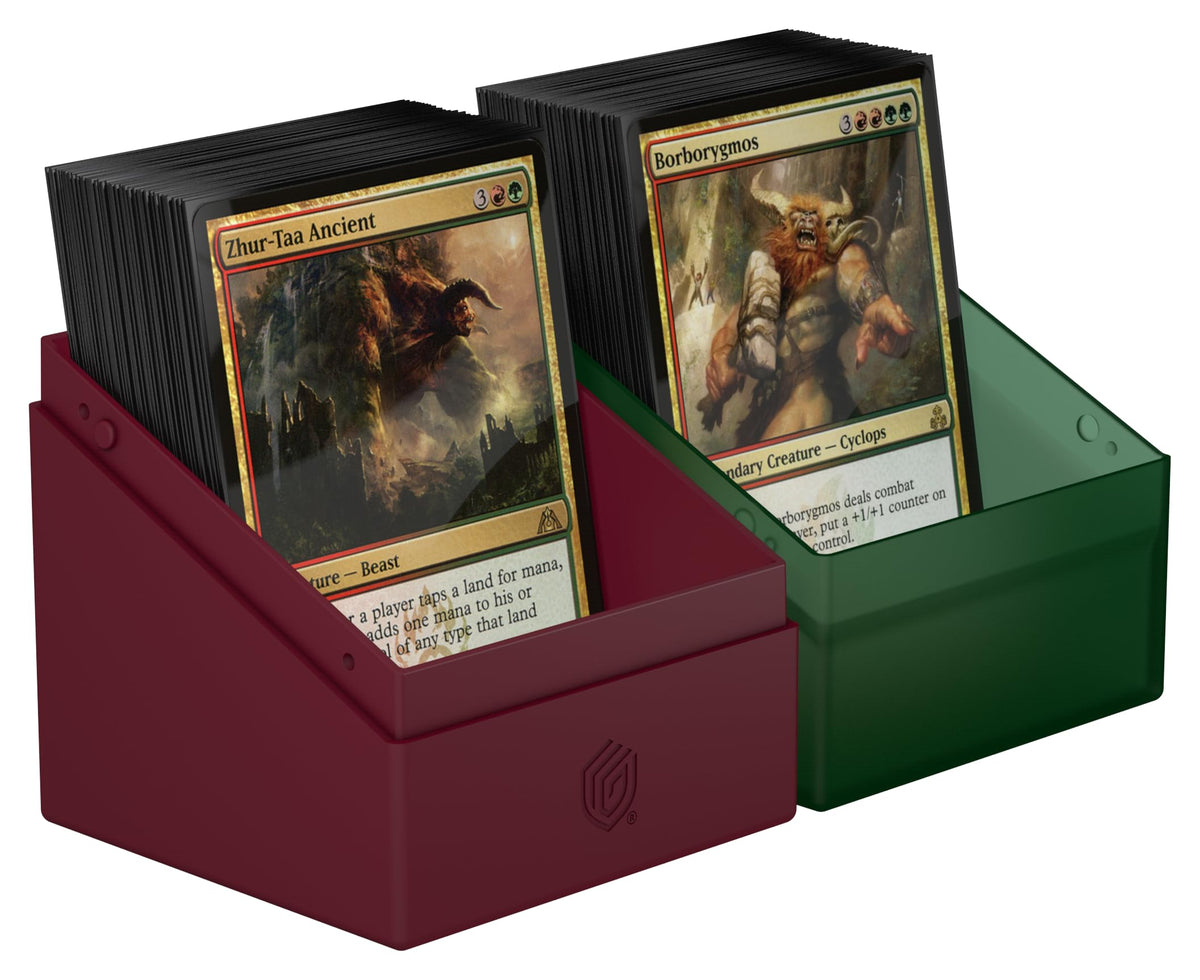Ultimate Guard Boulder 100+ box internal capacity shown for double- and single-sleeved cards.