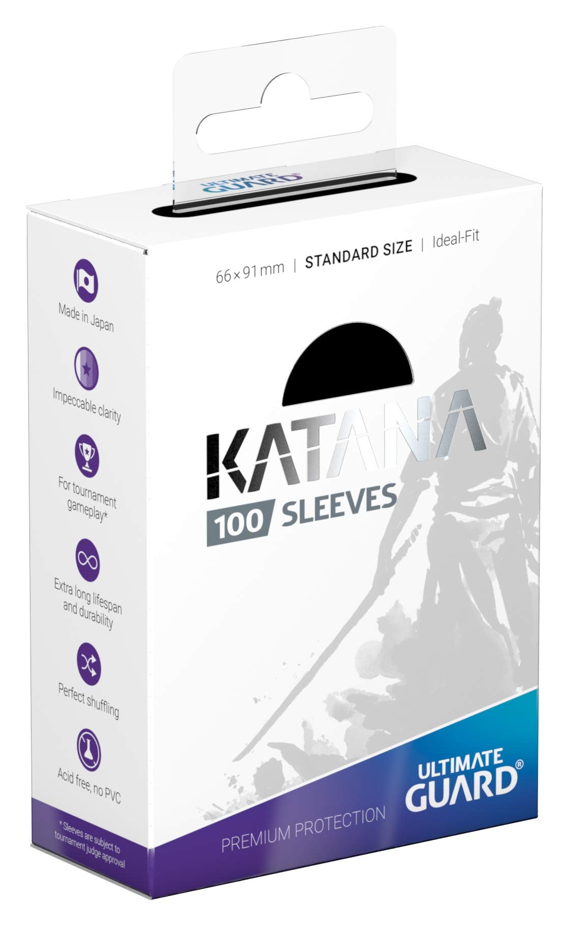 Ultimate Guard Katana sleeves back view highlighting PVC-free, acid-free construction.