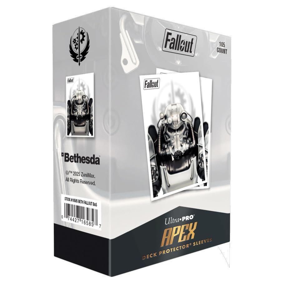 Ultra Pro Apex Sleeves featuring Fallout Brotherhood of Steel artwork with textured back for easy shuffling and shine