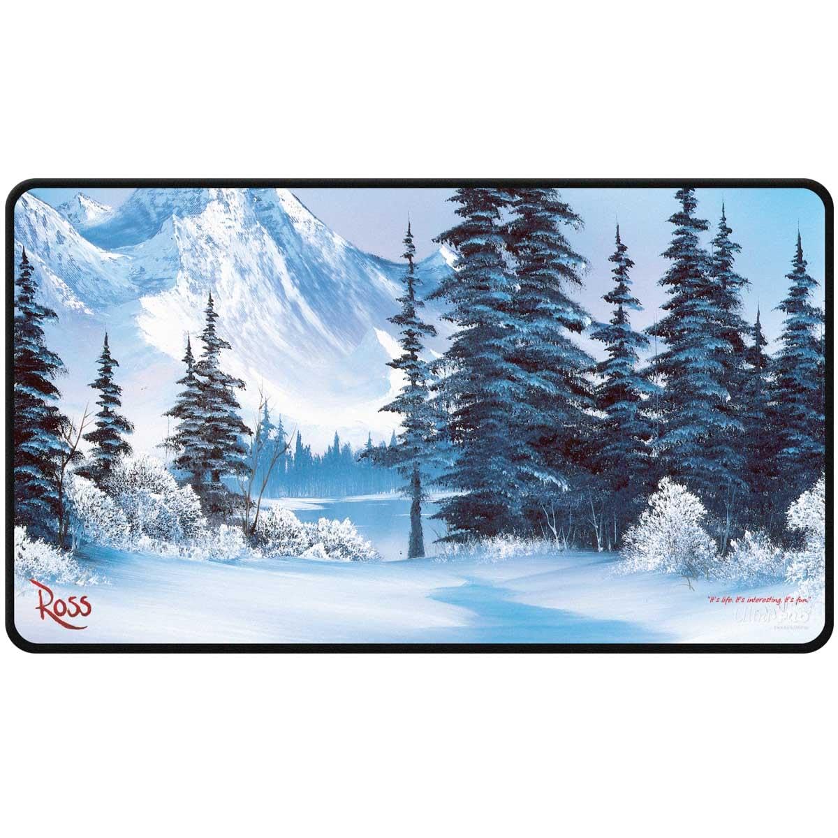 Ultra Pro Bob Ross Winter Paradise playmat showcasing serene snow scene, ideal for game setups and desk protection.