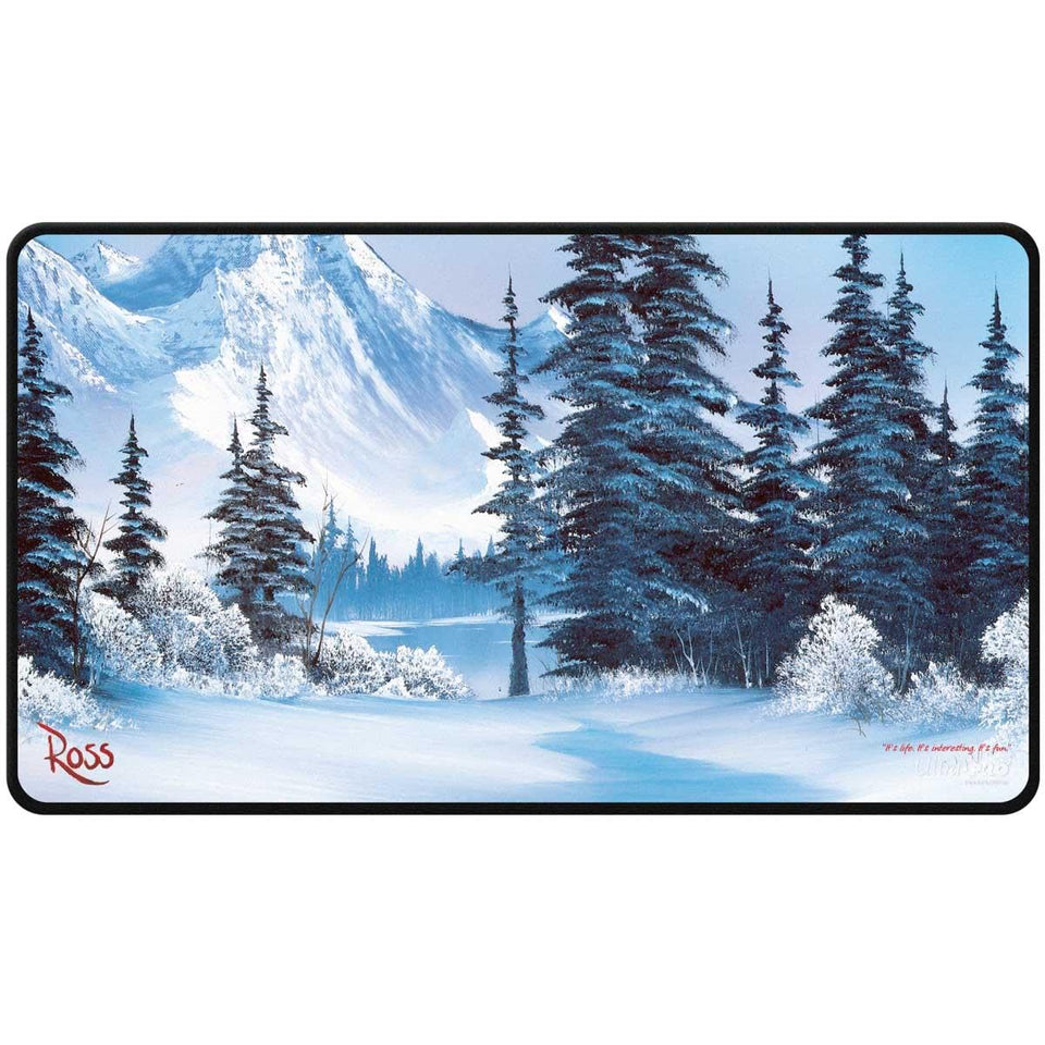 Ultra Pro Bob Ross Winter Paradise playmat showcasing serene snow scene, ideal for game setups and desk protection.