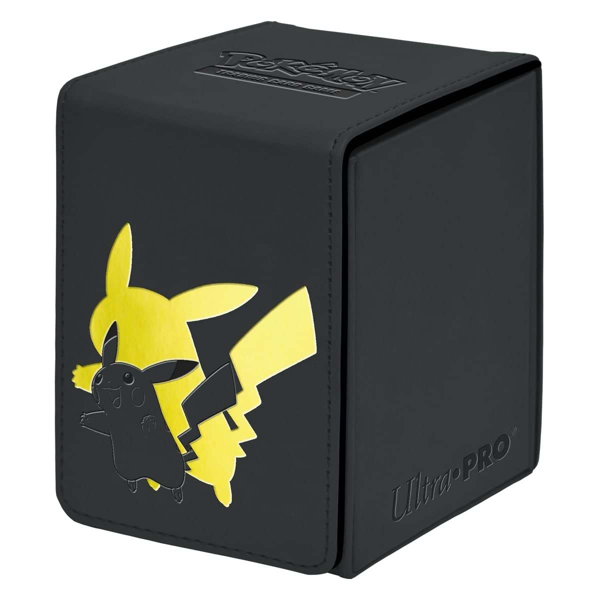 Ultra PRO Pikachu Alcove Flip Deck Box with debossed Pikachu silhouette; protects up to 100 double-sleeved cards.