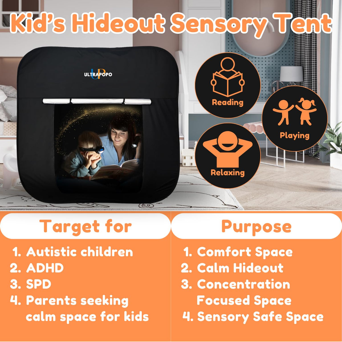 Ultrapopp pop-up sensory tent collapsible design enables quick storage.